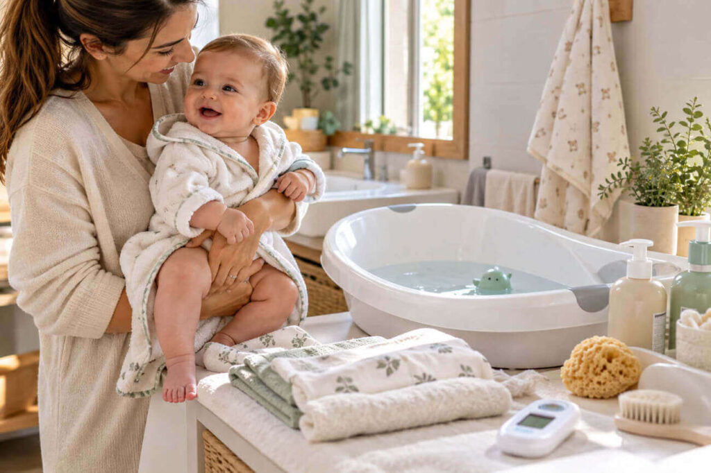 Cómo bañar a un bebé: guía paso a paso para un baño seguro - MSBABYWORLD madre-preparando-una-banera-infantil-en-un-bano-luminoso-conb-productos-para-bano-del-bebe