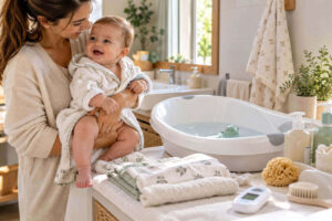 madre-preparando-una-banera-infantil-en-un-bano-luminoso-conb-productos-para-bano-del-bebe
