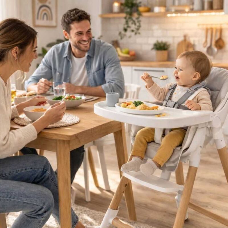 Inicio ( STANDAR ) - MSBABYWORLD Bebé sentado en trona durante la comida familiar con arnés bien ajustado y postura correcta