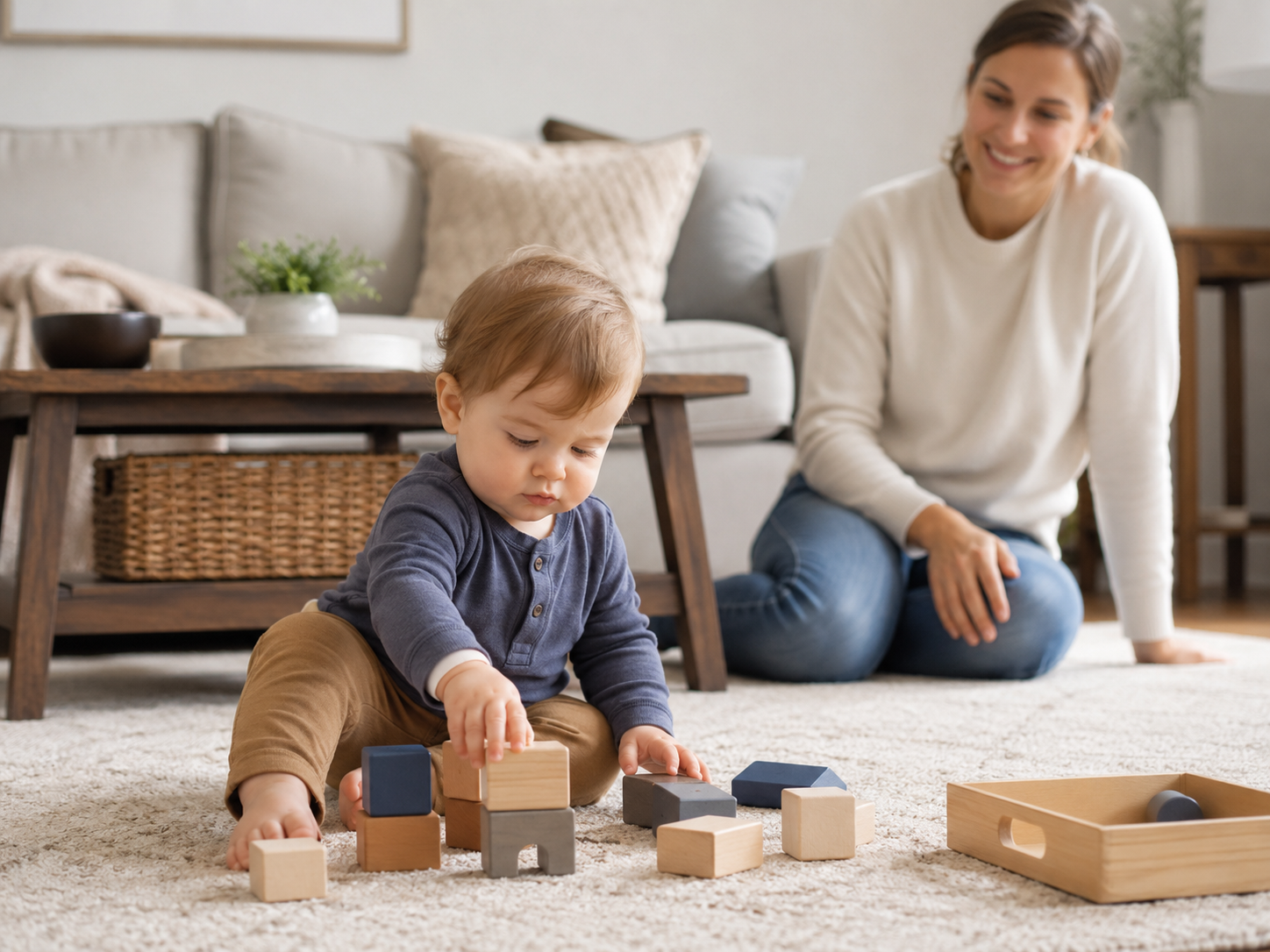 crisis de los 15 meses Bebé jugando de forma autónoma con bloques o juguetes sencillos mientras uno de sus padres está cerca.